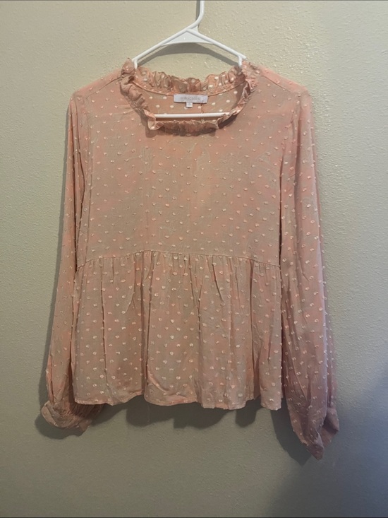 Olivaceous Tops - Olivaceous Peach Dot Ruffle Neck Peplum Blouse